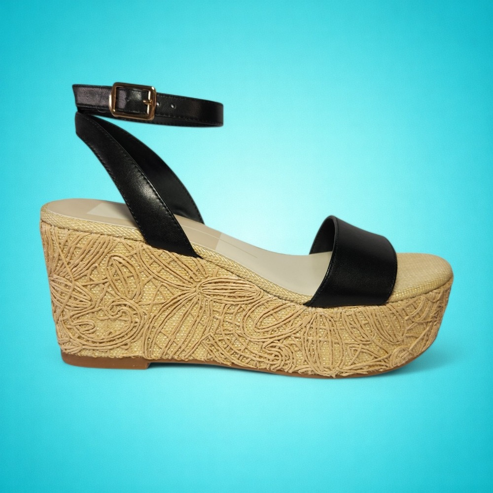 New Women's Dolce Vita Talisa Black Leather Wedge Platform Sandals, Size 8